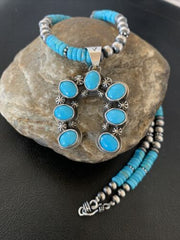 Navajo Blue Turquoise Necklace with Sterling Silver Naja Pendant | Authentic Native American Handmade | 02017