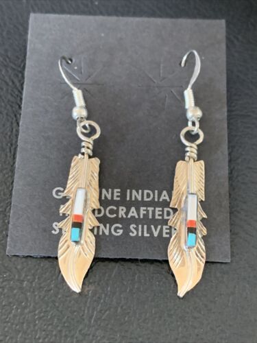 Navajo Coral Inlay Feather Earrings | Sterling Silver | Authentic Native American Handmade | 13065