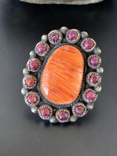 Navajo Spiny Oyster Cluster Ring | Authentic Native American Sterling Silver | Multi-Stone | Purple Orange | Sz 8 | 11513
