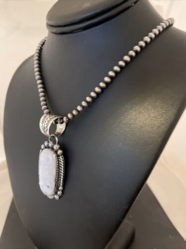 Men's White Buffalo Turquoise Pendant | Navajo Pearl Sterling Silver Necklace | Authentic Native American Handmade | 1072