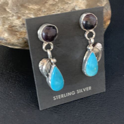 Navajo Sterling Silver Purple Sugilite & Blue Turquoise Dangle Leaf Earrings | Handmade | 13447