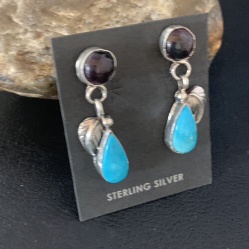 Navajo Sterling Silver Dangle Earrings | Purple Sugilite & Blue Turquoise | Leaf Design | 13446