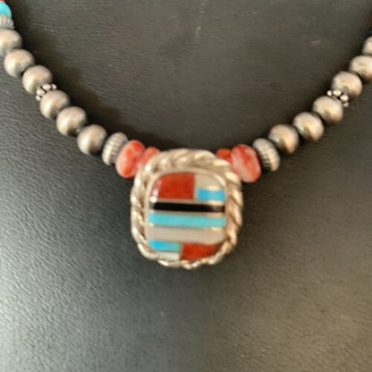 Authentic Navajo Sterling Silver Necklace | Turquoise & Onyx Multi-Color Inlay Pendant | Native American Jewelry | 13558