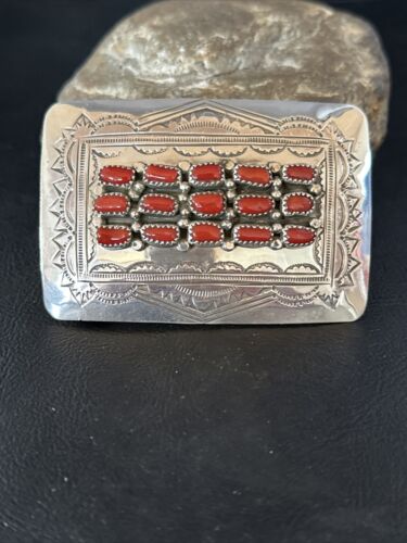Navajo Red Coral Belt Buckle Concho | Sterling Silver | Authentic Native American Handmade | 14797