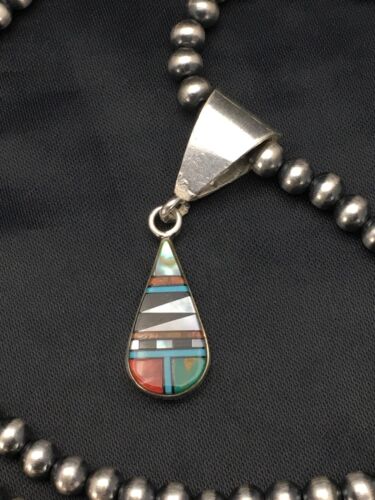 Turquoise Multi-Stone Inlay Pendant | Sterling Silver Bead Necklace 1.75" | Navajo Jewelry 2705