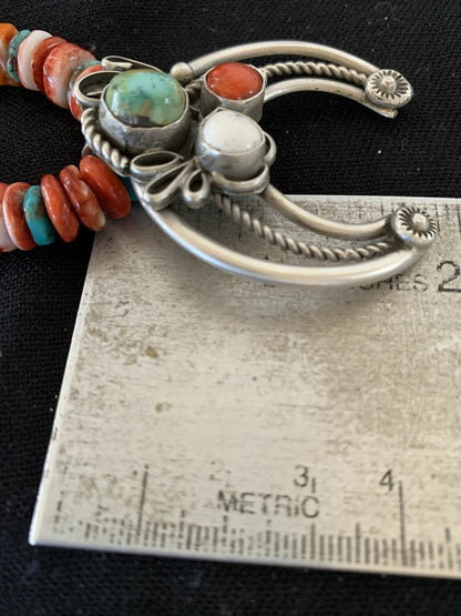 Navajo Pearls Sterling Silver Necklace | Red Spiny Oyster & Turquoise Naja Pendant | Authentic Native American Handmade