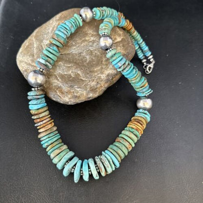 Navajo Blue Green Turquoise Bead Necklace | Sterling Silver | Graduated | Authentic Native American | 20" | 14240