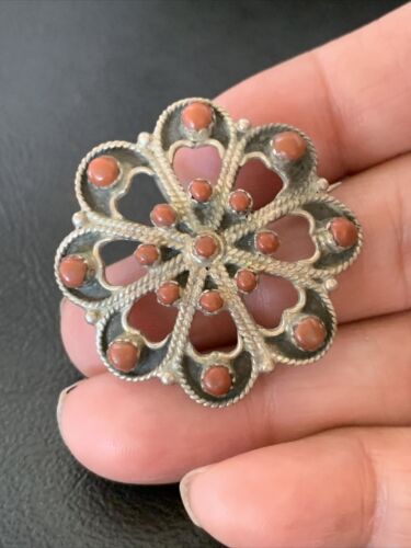 Old Pawn Zuni Sterling Silver Turquoise Red Coral Brooch Pin | 1.25" | 12558
