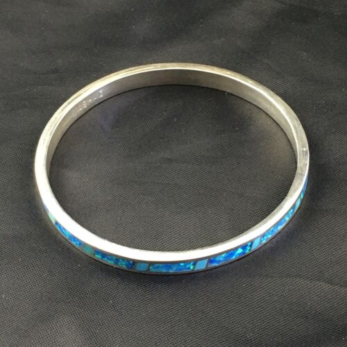 Navajo Blue Opal Inlay Bracelet | Sterling Silver | 8"  Bangle | Authentic Native American Handmade | 10195