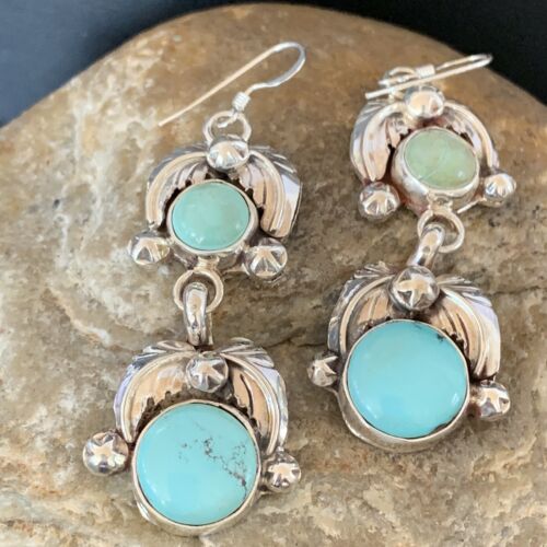 Navajo Blue Green Dry Creek Turquoise Dangle Earrings | Sterling Silver | Authentic Native American Handmade | 1485