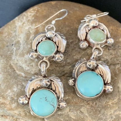 Navajo Blue Green Dry Creek Turquoise Dangle Earrings | Sterling Silver | Authentic Native American Handmade | 1485