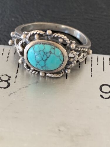 Southwestern Old Pawn Navajo Blue Turquoise Ring | Sterling Silver | Sz 8 | 10778