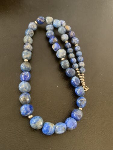 Navajo | Sterling Silver | Handmade Blue Denim Lapis Bead Necklace Pendant | Authentic Native American | 20" | 02206