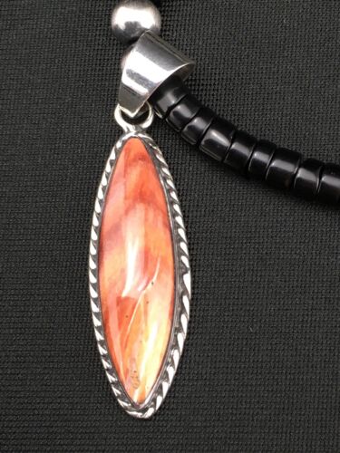 Spiny Oyster Pendant | Black Onyx Heishi | Navajo Sterling Necklace 22" | 4871