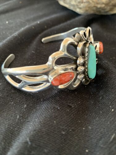 Men's Navajo Kingman Turquoise & Spiny Oyster Bracelet | Sterling Silver | Authentic Native American Handmade | 01031