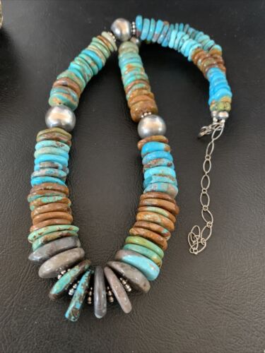 Navajo Blue Green Turquoise Necklace | Sterling Silver | Authentic Native American | 20" | 12910 | Graduated