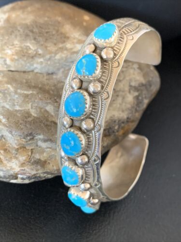 Navajo Kingman Turquoise Cuff Bracelet | Sterling Silver | Leaf Shape | 7 Stones | 12163 - Masha USA