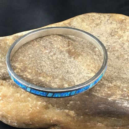 Navajo Blue Opal Inlay Bracelet | Sterling Silver | 8"  Bangle | Authentic Native American Handmade | 10195