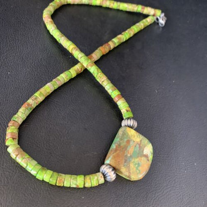 Navajo Green Gaspeite Turquoise Pendant | Sterling Silver | Authentic Native American Handmade | 13900