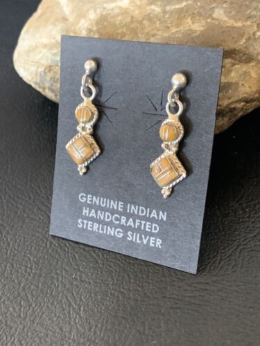 Minimalist Dangle Inlay Navajo Sterling Silver Orange Spiny Oyster Earrings | Handmade | 12679