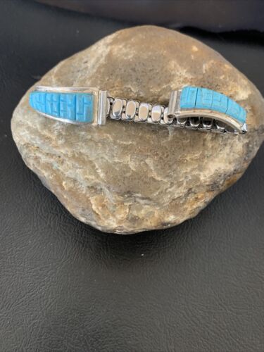 US Old Pawn Navajo Sterling Silver Watch Tips Turquoise Corn Inlay Band 12139