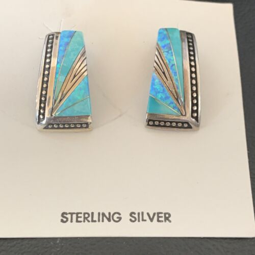 Navajo Blue Opal Turquoise Inlay Earrings | Sterling Silver | Authentic Native American Handmade | 12116