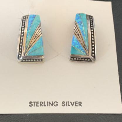 Navajo Blue Opal Turquoise Inlay Earrings | Sterling Silver | Authentic Native American Handmade | 12116