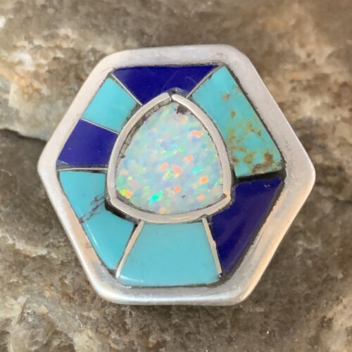 Navajo Blue Turquoise Lapis Opal Necklace Pin | Sterling Silver | 1" | Authentic Native American Handmade | 13697