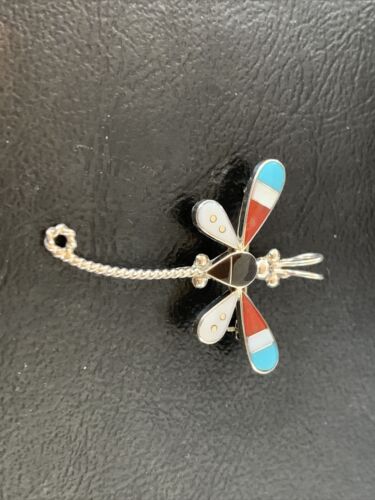 Zuni Turquoise Mother of Pearl Inlay Dragonfly Necklace Pin Pendant | Sterling Silver | 12317