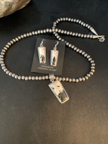 Navajo White Buffalo Turquoise Pendant | Sterling Silver Dangle Earrings | Authentic Native American Handmade | 14099