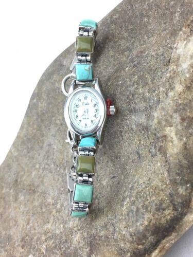 Authentic Native American Navajo Vintage Watch Tips | Blue Green Turquoise | Sterling Silver | 7" | 4916