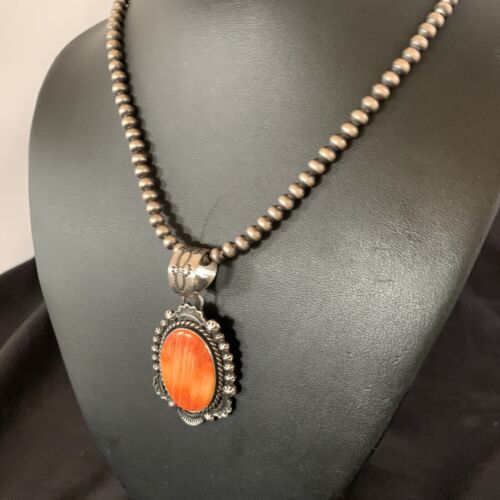 Navajo Pearls Orange Spiny Oyster Necklace Pendant | Sterling Silver | Authentic Native American Handmade | 11301