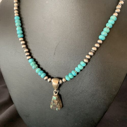 Women's Blue Turquoise Pendant Necklace | Navajo Pearls | Sterling Silver | Authentic Native American Handmade | 13368