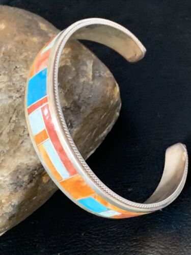 Zuni Orange Spiny Oyster Opal Inlay Cuff Bracelet | Sterling Silver | Authentic Native American Handmade | 14159