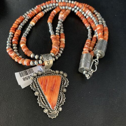 Navajo Red Spiny Oyster Pendant | Sterling Silver | Native American Pearls Necklace | Multi-Strand | 1658