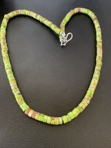 Navajo Green Gaspeite Heishi Necklace | 7mm | Sterling Silver | Authentic Native American Handmade | 20" | 01762