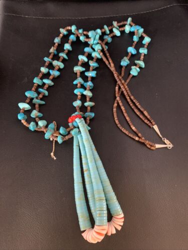 Santo Domingo Shell Blue Turquoise Bead Jacla Pendant Necklace | 30" | Authentic Native American Handmade | 13418