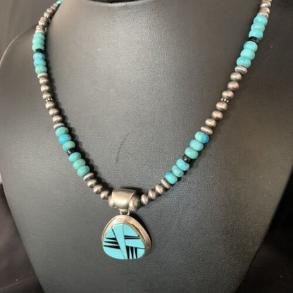 Navajo Inlay Blue Turquoise Onyx Pendant Necklace | Sterling Silver | Authentic Native American Handmade | 13656