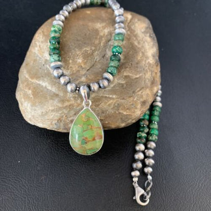Navajo Pearls Green Mojave Turquoise Pendant Necklace | Sterling Silver | Native American Handmade | 13463