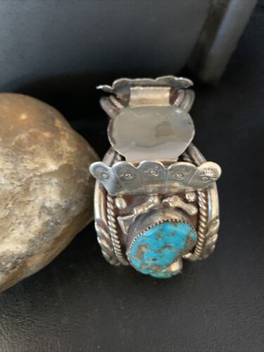 Navajo Men's Watch Cuff Bracelet | Sterling Silver & Blue Kingman Turquoise | Authentic Native American Jewelry | 1635