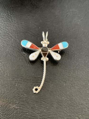 Zuni Turquoise Mother of Pearl Inlay Dragonfly Necklace Pin Pendant | Sterling Silver | 12317