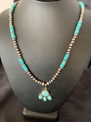 Navajo Pearl Necklace with Blue Cluster Turquoise Pendant | Sterling Silver | 12498