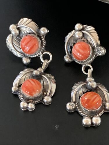 Navajo Red Spiny Oyster Dangle Earrings | Sterling Silver | Authentic Native American Handmade | 2059