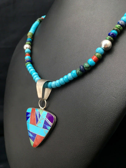 Authentic Native American Sterling Silver Necklace | Blue Turquoise Multicolor Pendant | Navajo Handmade | 21" | 4277