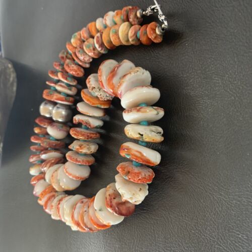 Navajo Turquoise & Red Spiny Oyster Necklace | Sterling Silver | Authentic Native American | 24" | 12734