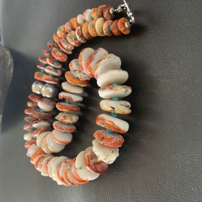 Navajo Turquoise & Red Spiny Oyster Necklace | Sterling Silver | Authentic Native American | 24" | 12734