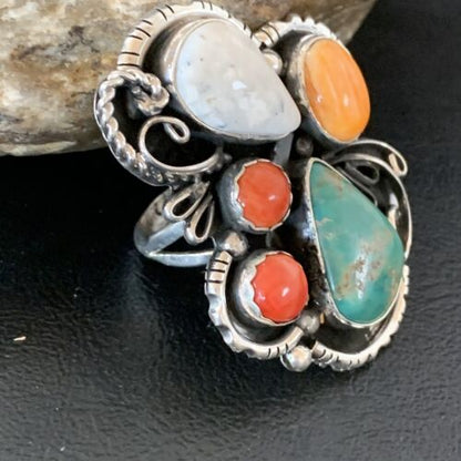 Navajo Blue Kingman Turquoise and Spiny Oyster Ring | Authentic Native American Sterling Silver | Multi-Stone | Sz 12.5 | 02163 - Masha USA