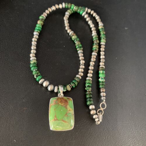 Navajo Green Mojave Turquoise Pendant Necklace | Sterling Silver | Native American Handmade | 13468