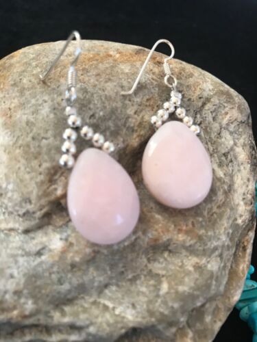 Navajo Pink Opal Bead Dangle Drop Earrings | Sterling Silver | Authentic Native American Handmade | 00304
