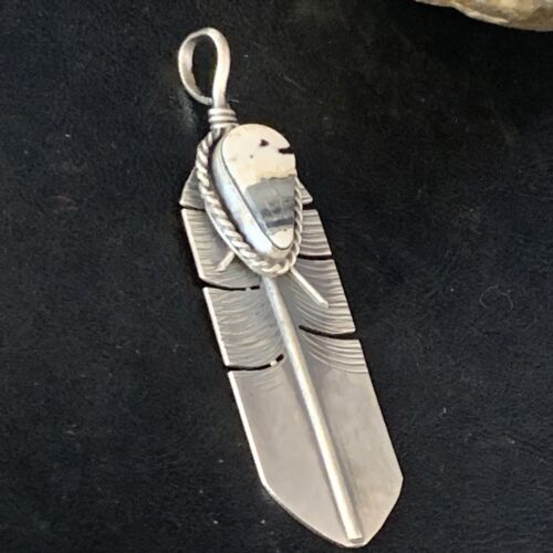 Navajo White Buffalo Turquoise Feather Pendant | Sterling Silver | Authentic Native American Handmade | 13987